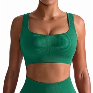 Seamless Green Ribbed Sports Bra and Leggings Set